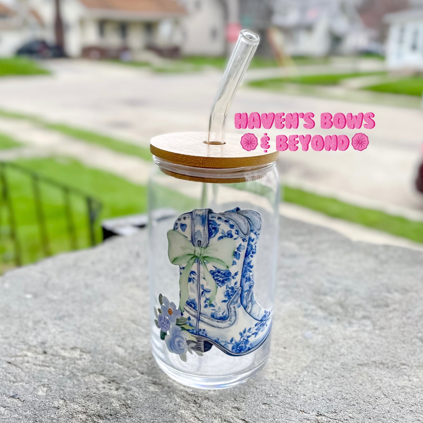 16oz coquette boots glass cup w/ lid and straw